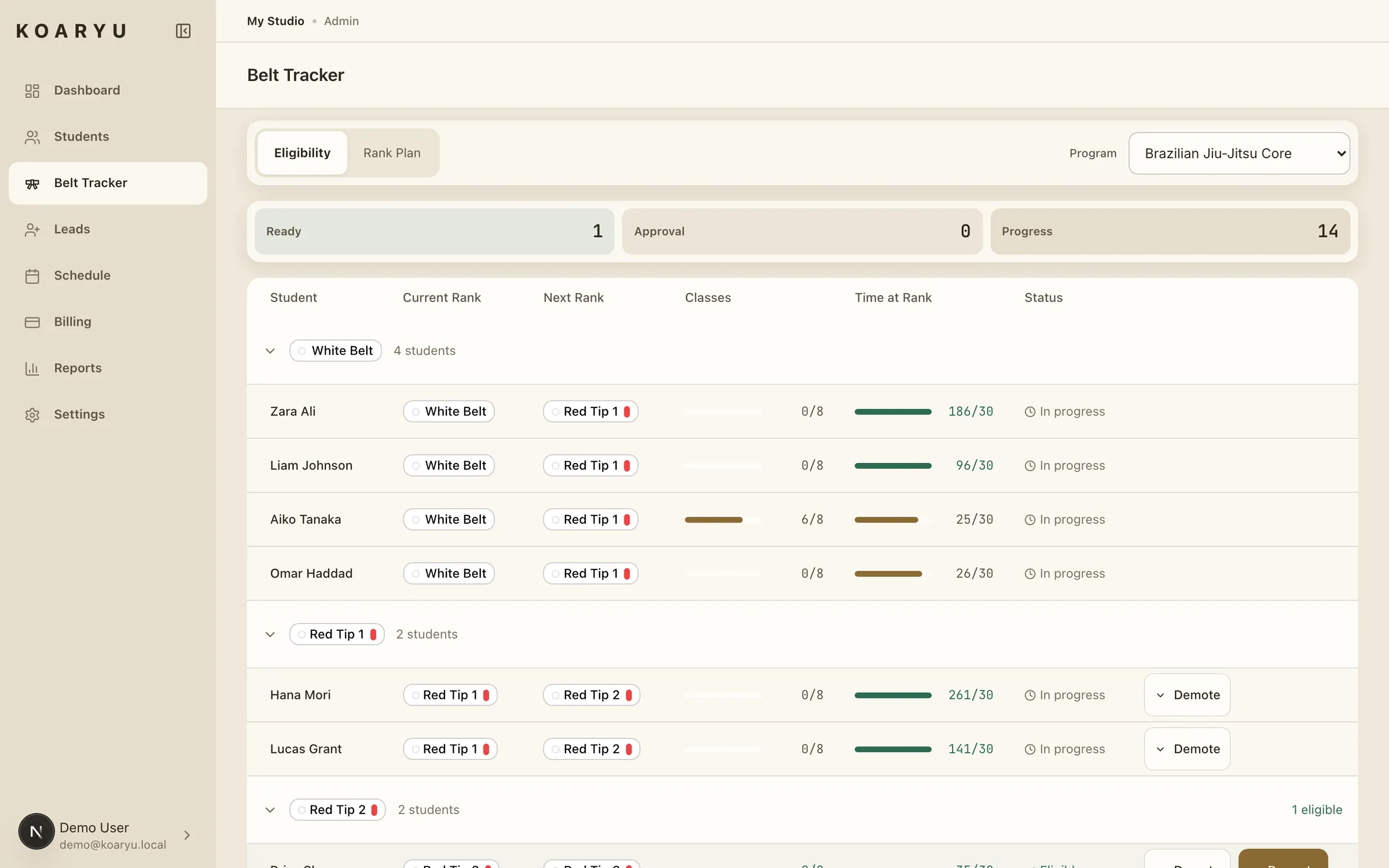 Koaryu belt tracker listing students by current rank, with classes attended and time at rank toward the next belt.