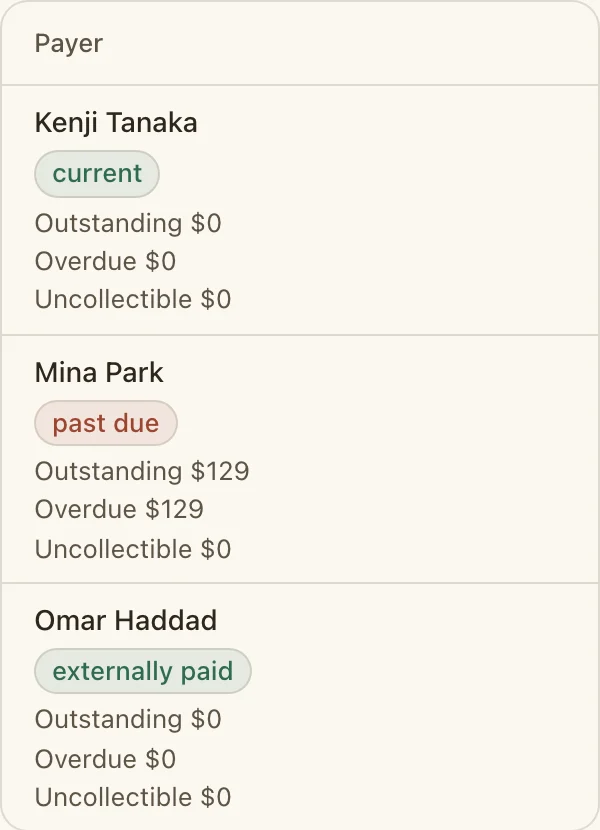 Payers with their status, current, past due or externally paid, and outstanding balances.